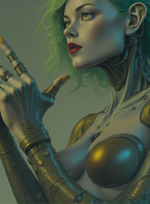 cyborg, woman, hands, mechanical, arms, breast, hair