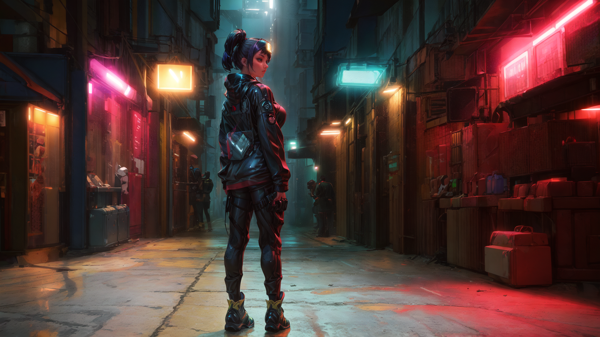 AI generated wallpaper featuring woman, cyberpunk, alley