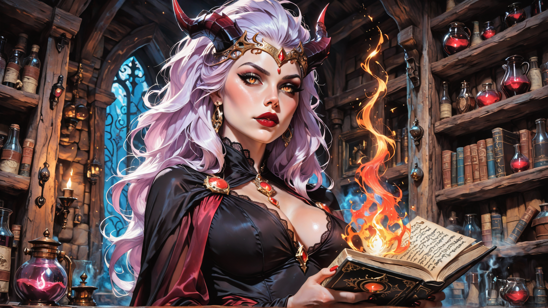 AI generated wallpaper featuring witch, book, horn, hair, gloves, candle, bottle, shelf, crown, redstone