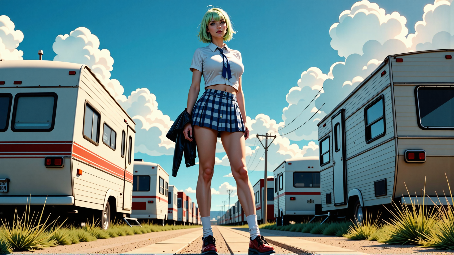 AI generated wallpaper featuring woman, RV, cloud, school uniform, jacket, shoes, skirt, caravan, sky, sunny