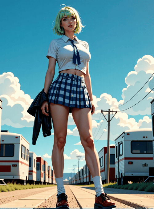 woman, RV, cloud, school uniform, jacket, shoes, skirt, caravan, sky, sunny