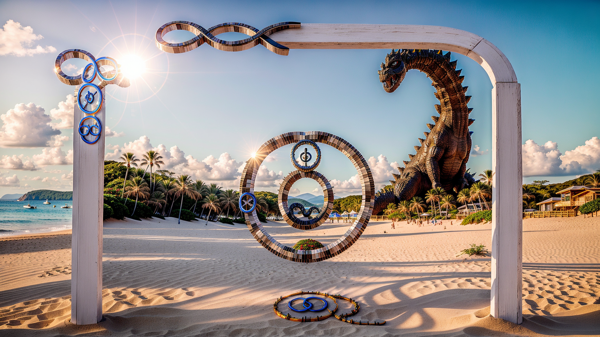 AI generated wallpaper featuring dragon, art installation, beach