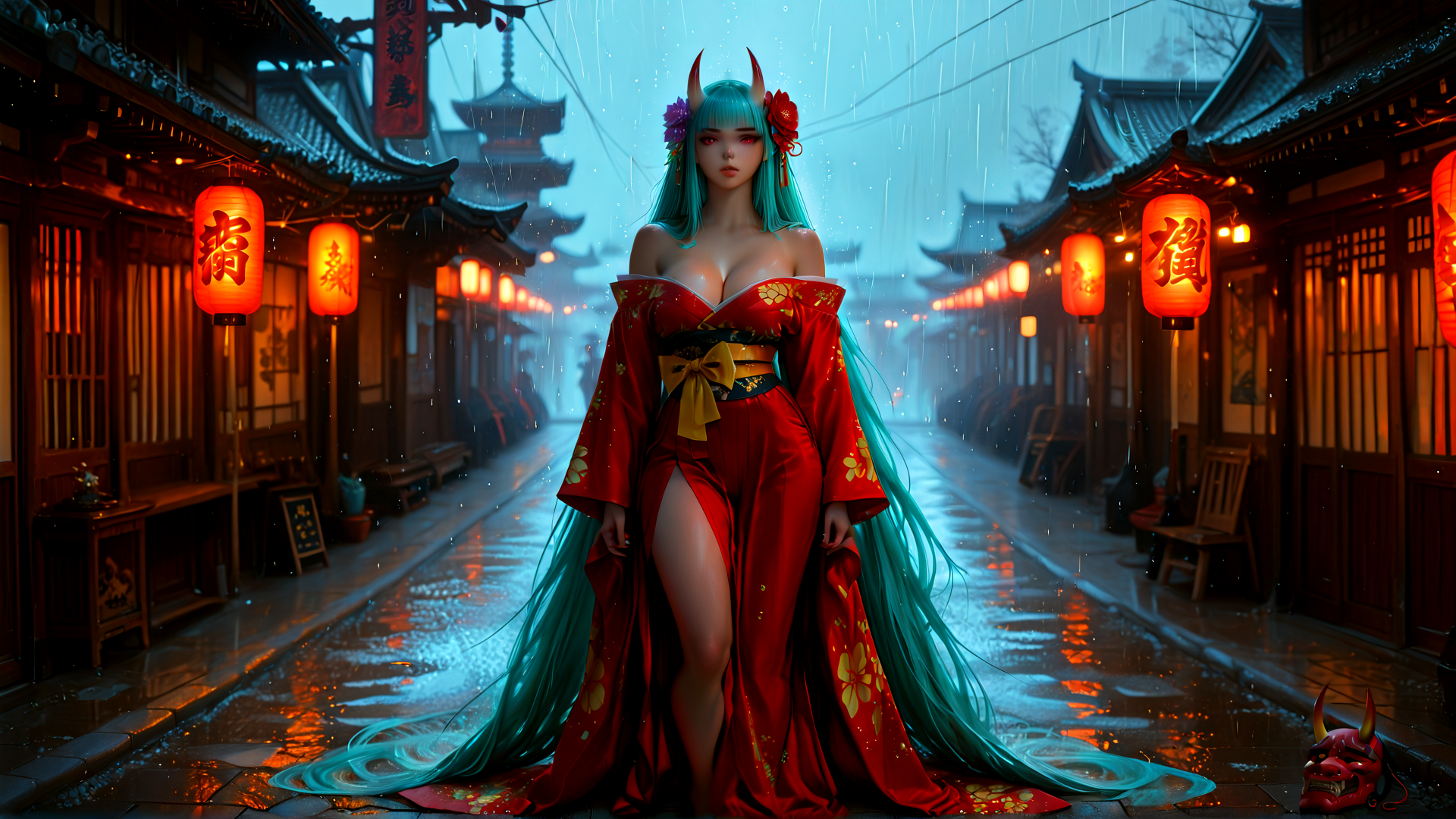 AI generated wallpaper featuring woman, lantern, street, building, deer, rain, cherry blossom, traditional dress, lantern, mask