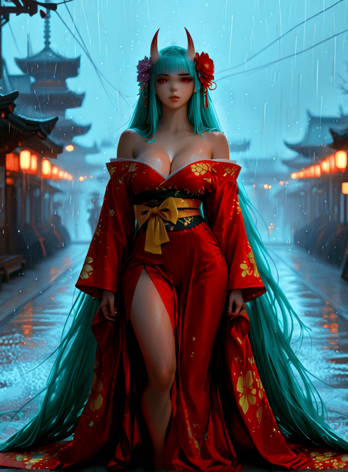woman, lantern, street, building, deer, rain, cherry blossom, traditional dress, lantern, mask