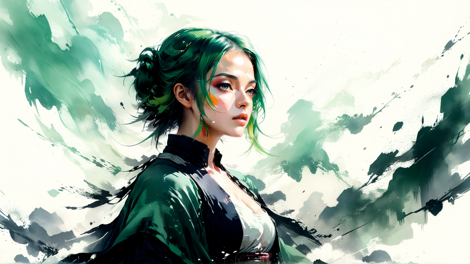 AI generated wallpaper featuring woman, green hair, knee, knee, ink, paint, sash, jacket, collar, shirt