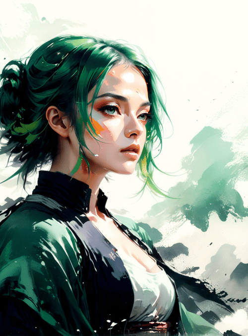 woman, green hair, knee, knee, ink, paint, sash, jacket, collar, shirt