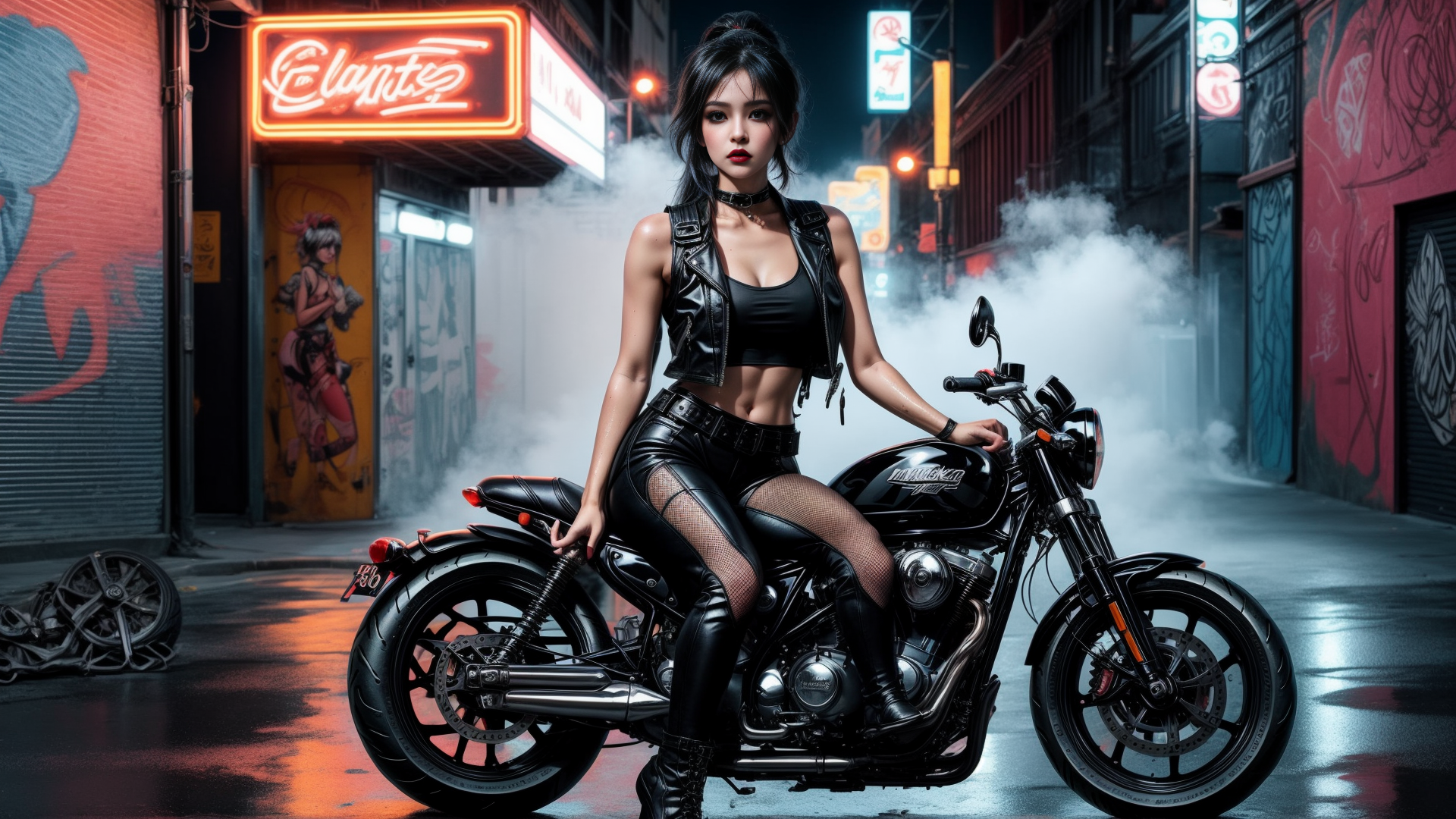 AI generated wallpaper featuring woman, motorcycle, street