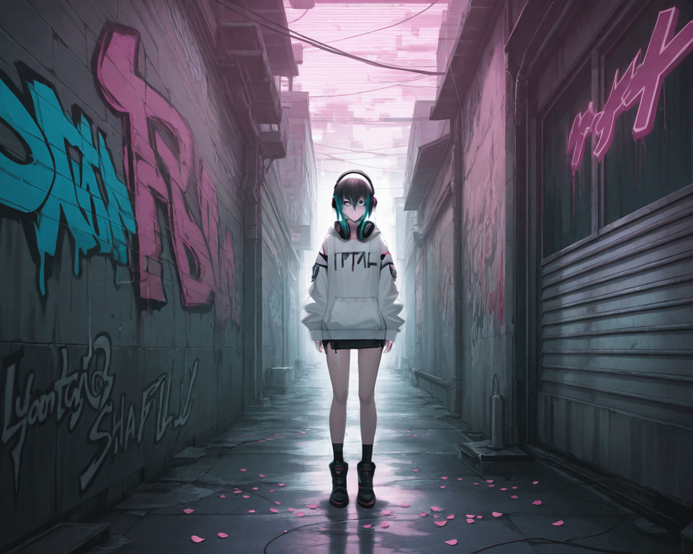 AI generated wallpaper featuring girl, alley, graffiti