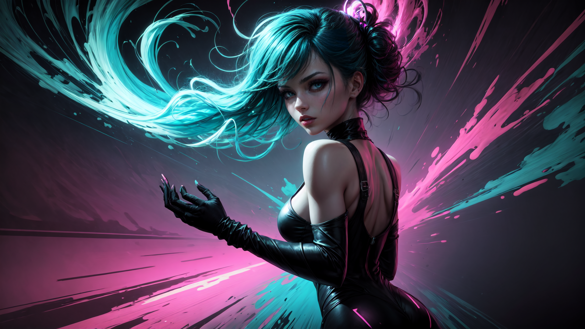 AI generated wallpaper featuring woman, cyberpunk, gloves