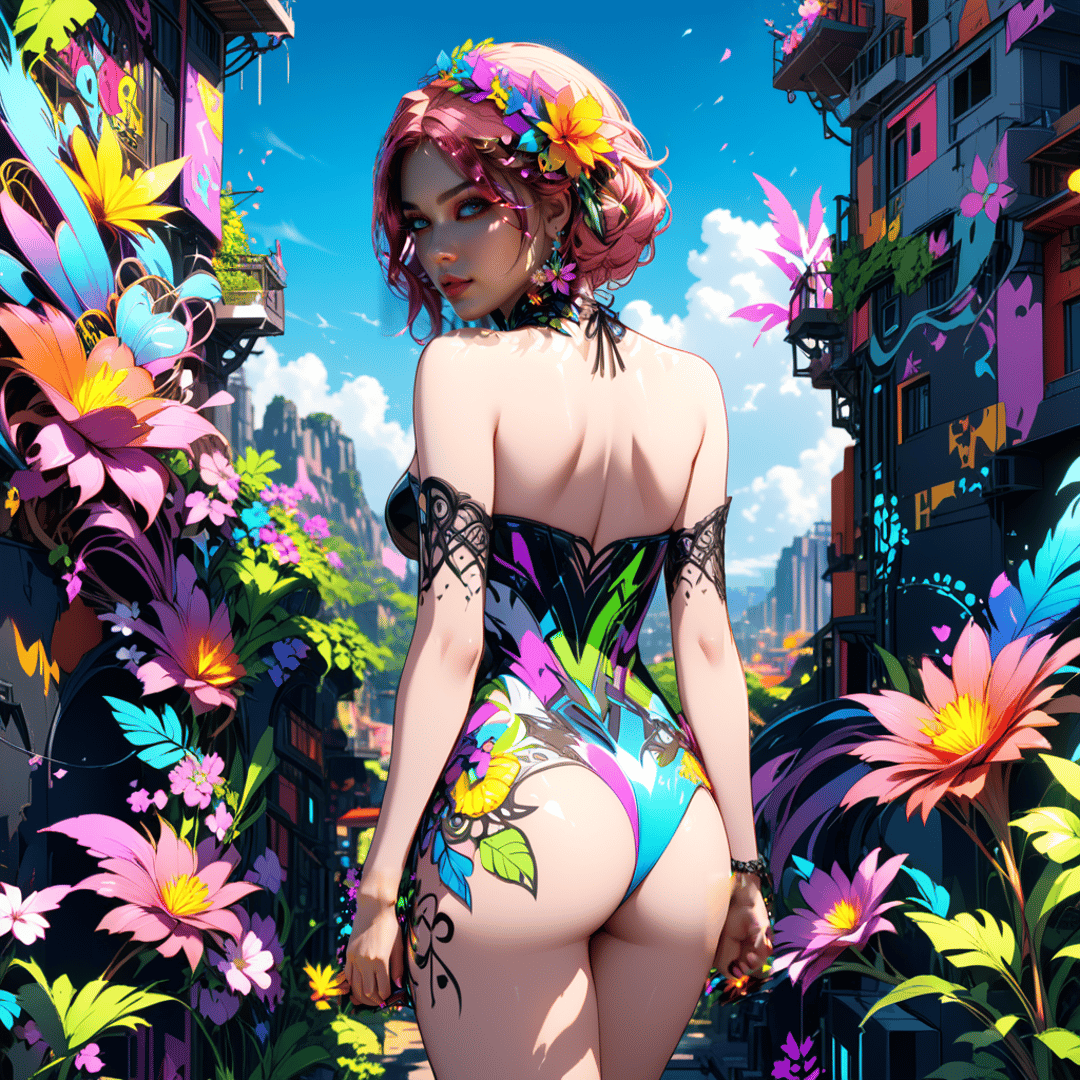 AI generated wallpaper featuring woman, flowers, city