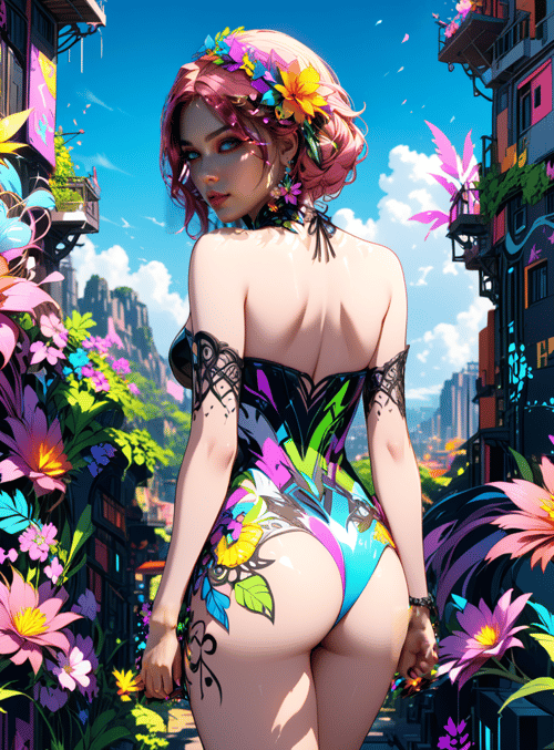 woman, flowers, city