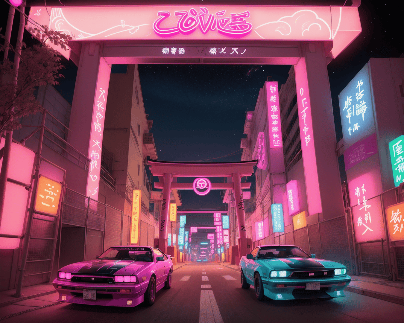 AI generated wallpaper featuring cars, neon signs, gate