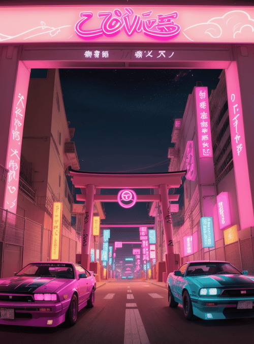 cars, neon signs, gate