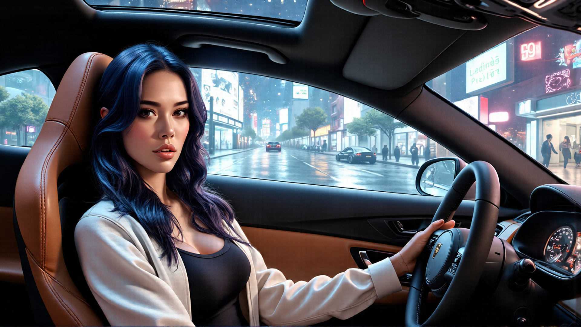 AI generated wallpaper featuring woman, car, city, street, steering wheel, driver, neon signs, rain, buildings, people