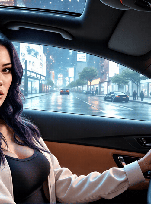 woman, car, city, street, steering wheel, driver, neon signs, rain, buildings, people