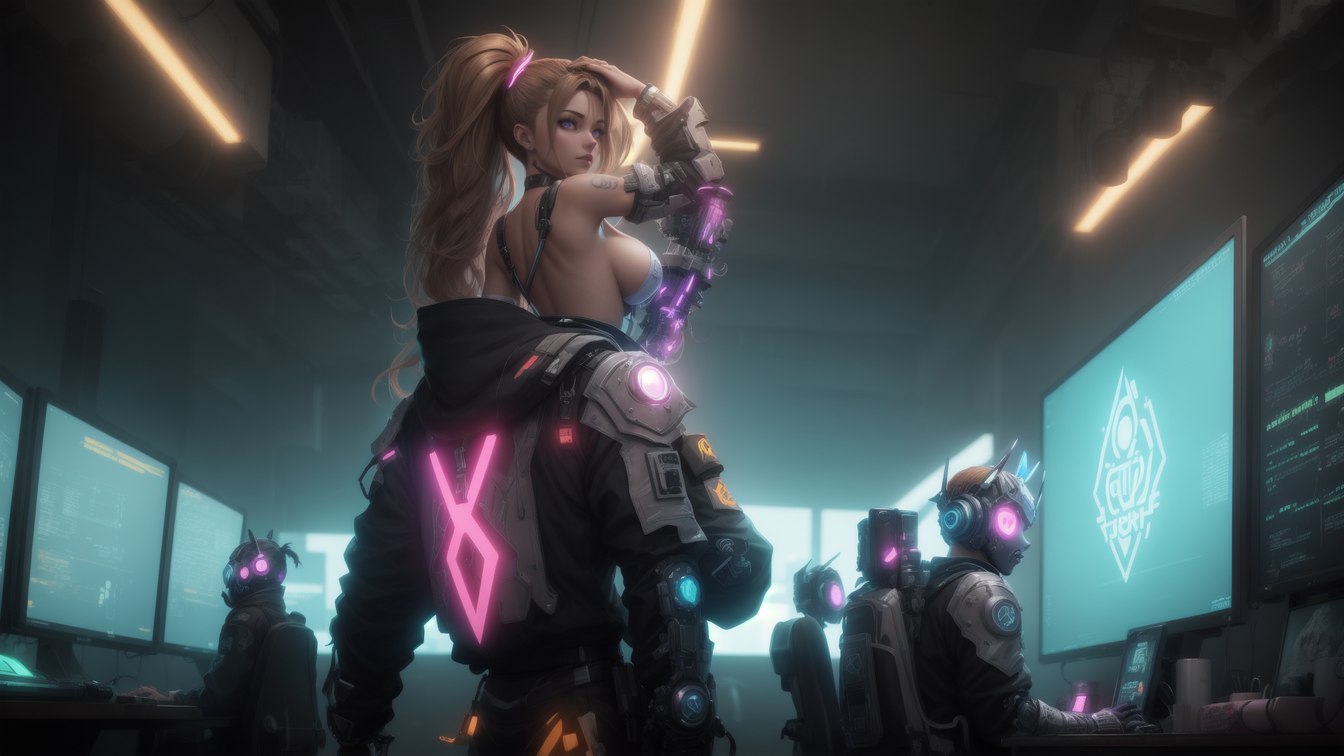 AI generated wallpaper featuring cyborg, woman, technician