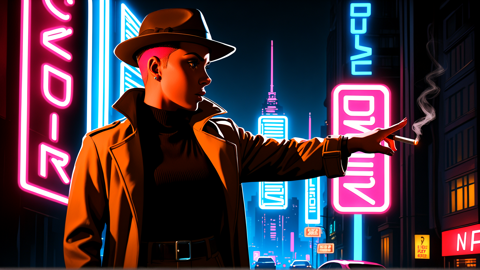 AI generated wallpaper featuring person, detective, cityscape, neon, sign, cigarette, hat, coat, building, car