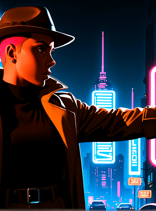 person, detective, cityscape, neon, sign, cigarette, hat, coat, building, car