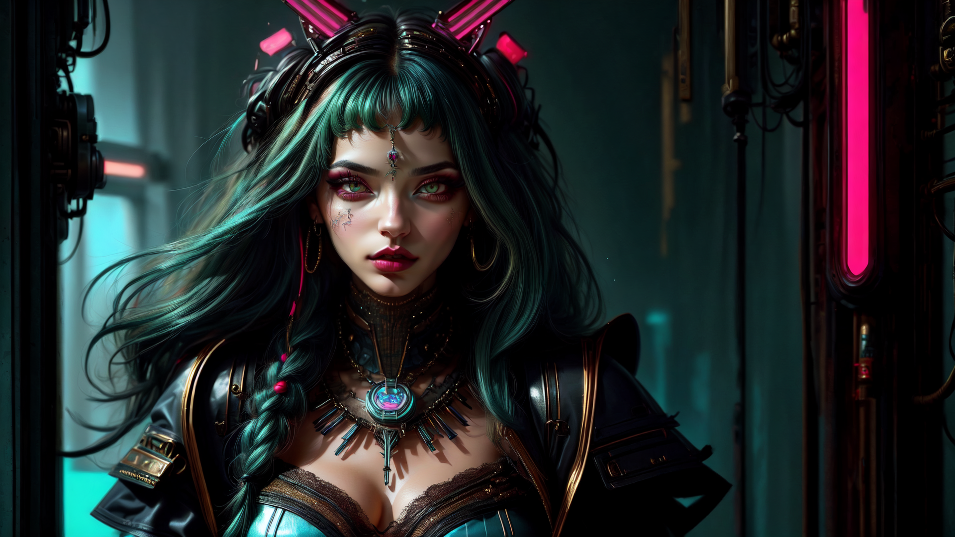 AI generated wallpaper featuring woman, cyberpunk, neon, goggles, jewelry, hair, leather, braids, choker, nose