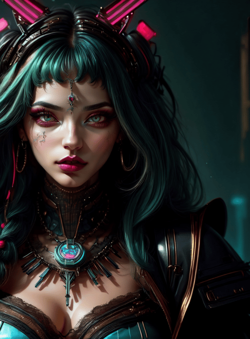 woman, cyberpunk, neon, goggles, jewelry, hair, leather, braids, choker, nose