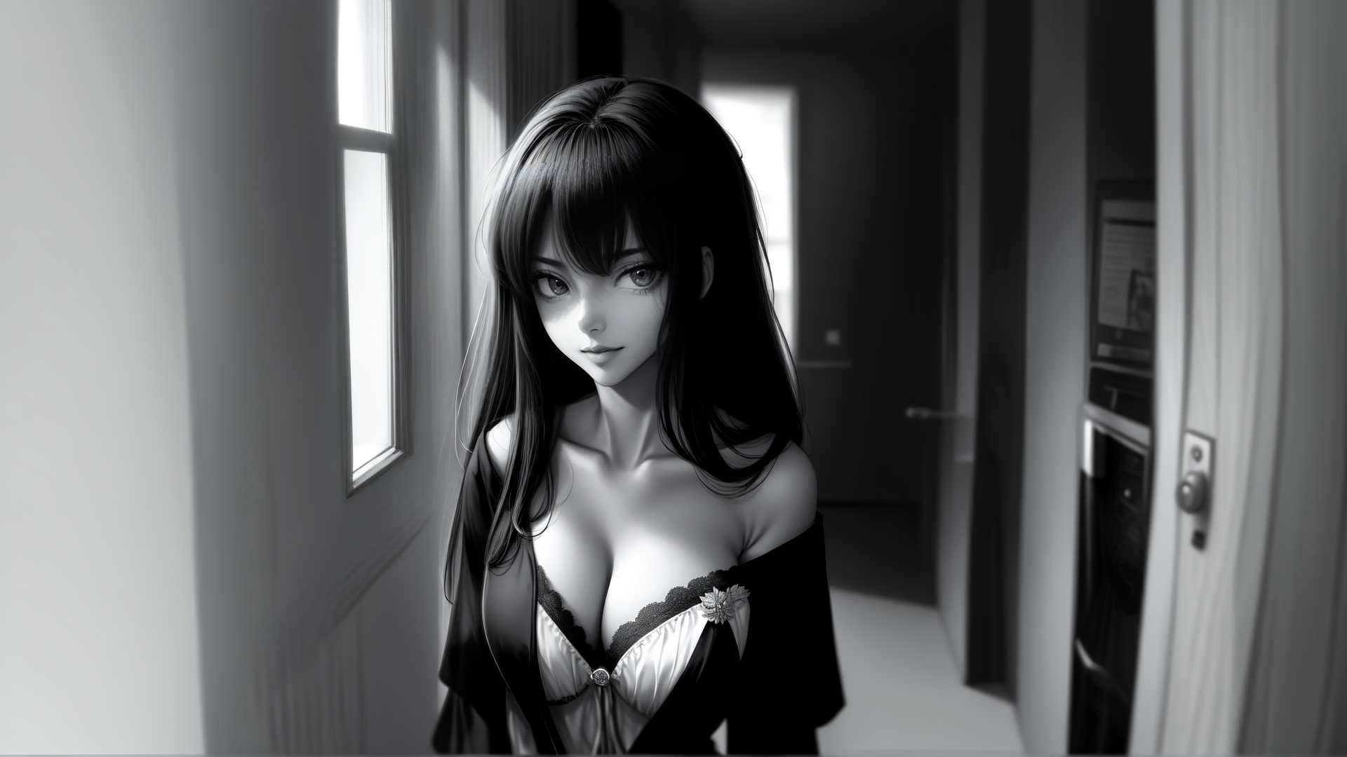 AI generated wallpaper featuring woman, anime, boudoir