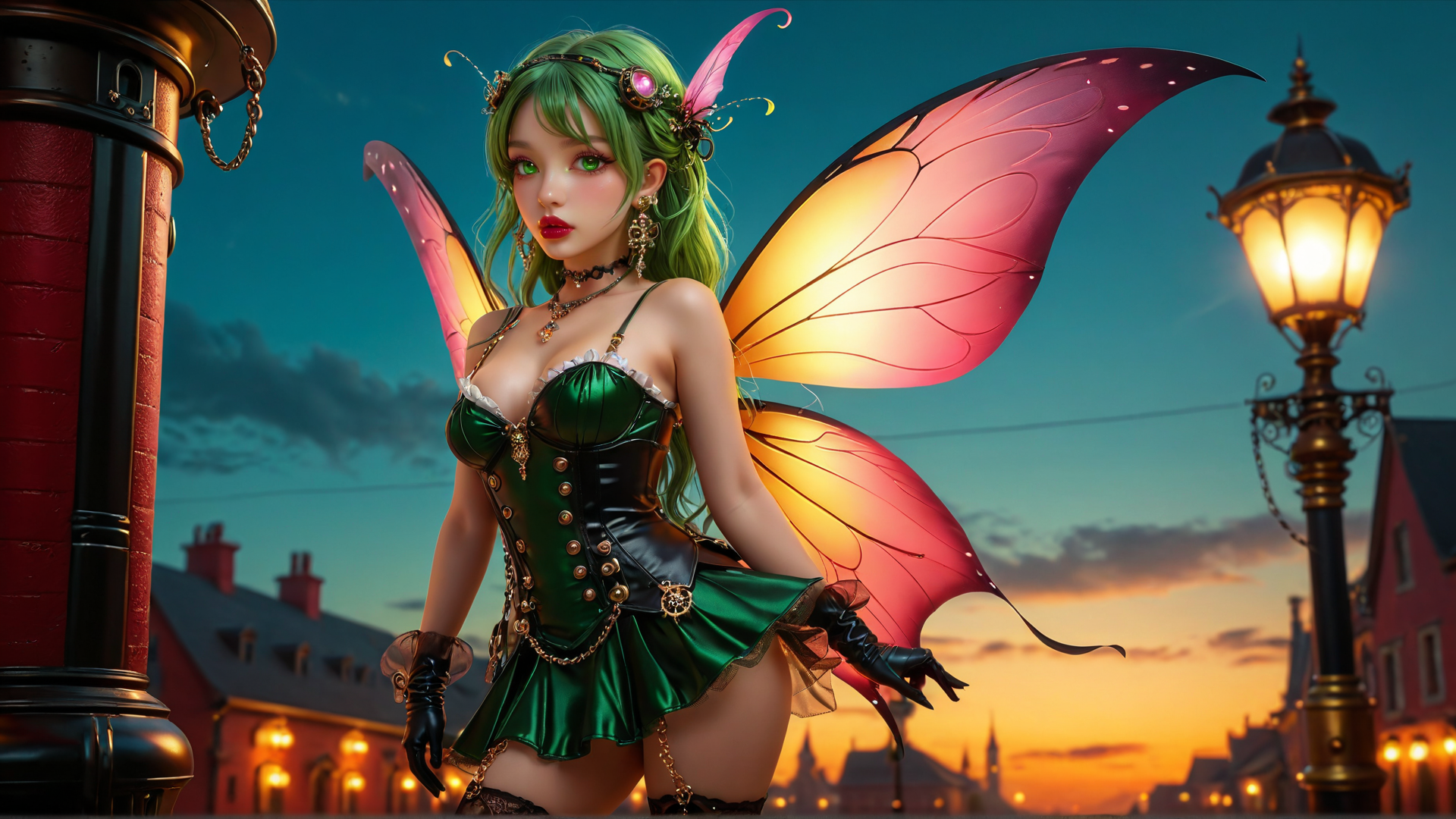 AI generated wallpaper featuring fairy, girl, wing, street, lamp, building