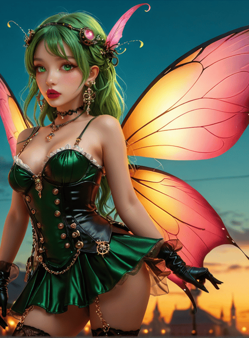 fairy, girl, wing, street, lamp, building