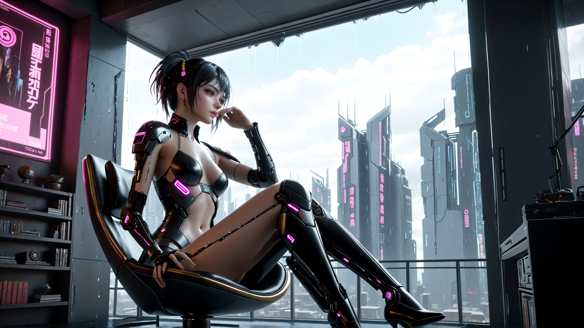AI generated wallpaper featuring cyberpunk woman, mechanical outfit