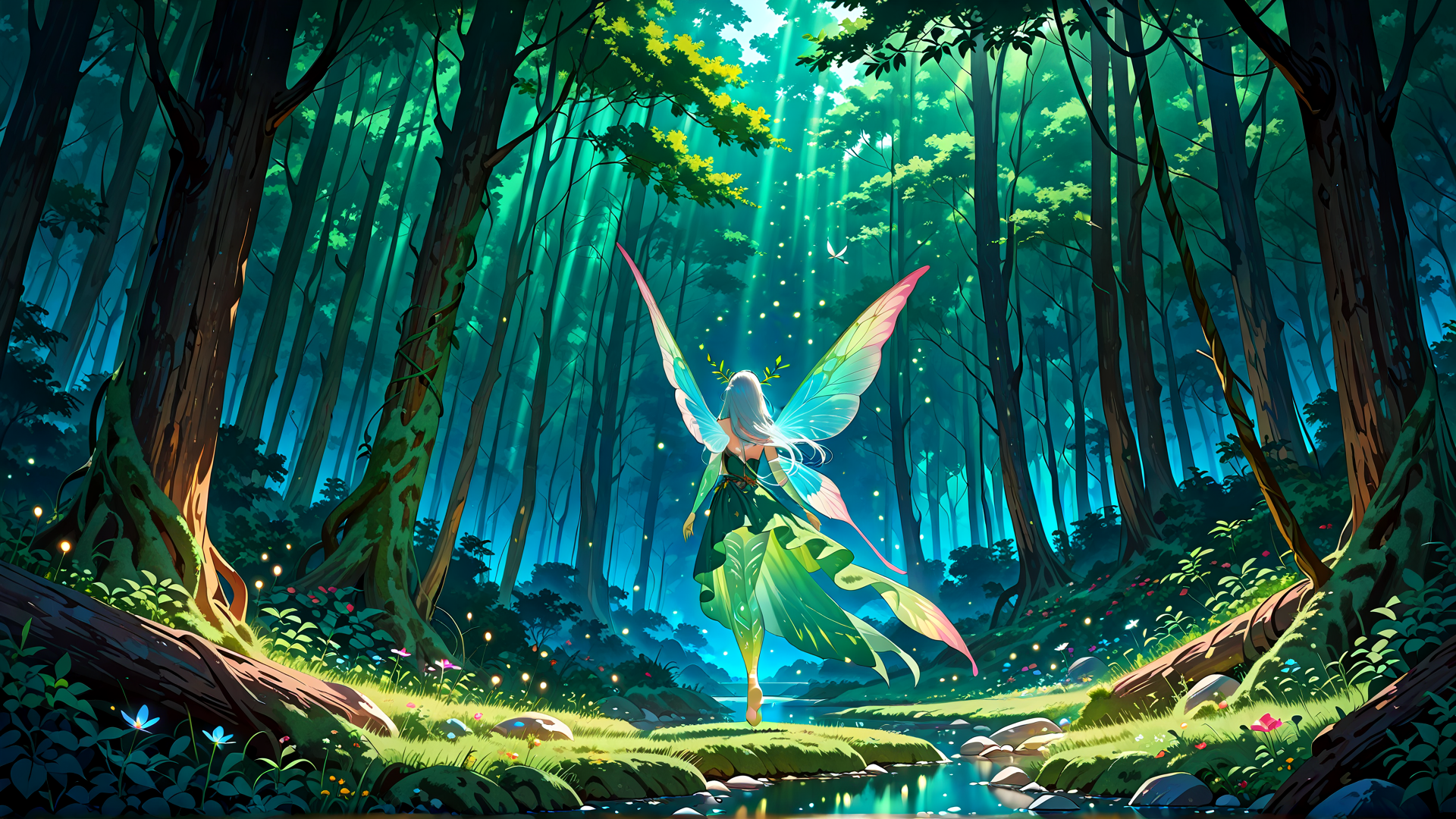 AI generated wallpaper featuring fairy, forest, river, trees, flowers, sunlight, glow, leaves, stream, stream