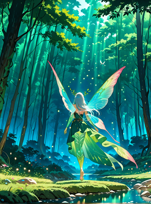 fairy, forest, river, trees, flowers, sunlight, glow, leaves, stream, stream
