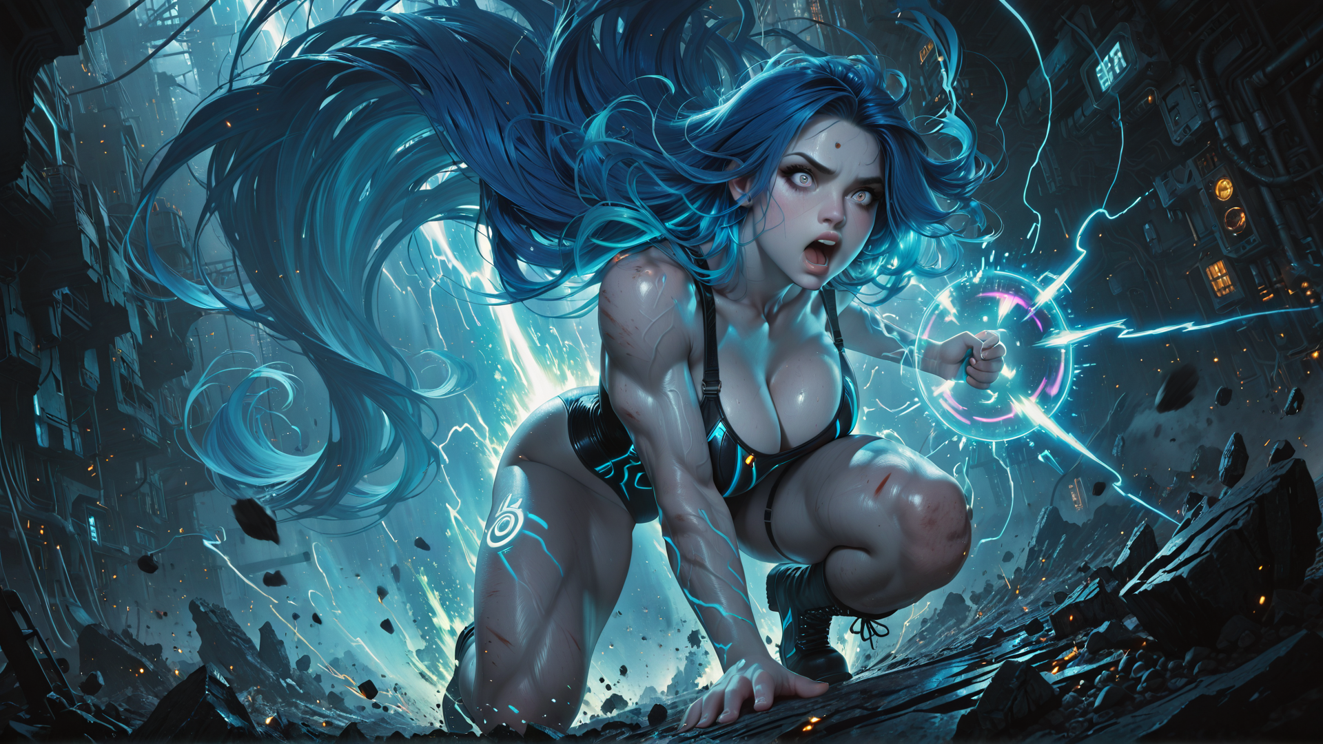 AI generated wallpaper featuring woman, cyborg, blue hair, power, debris, cityscape