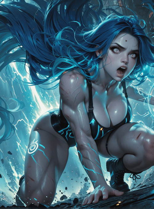 woman, cyborg, blue hair, power, debris, cityscape