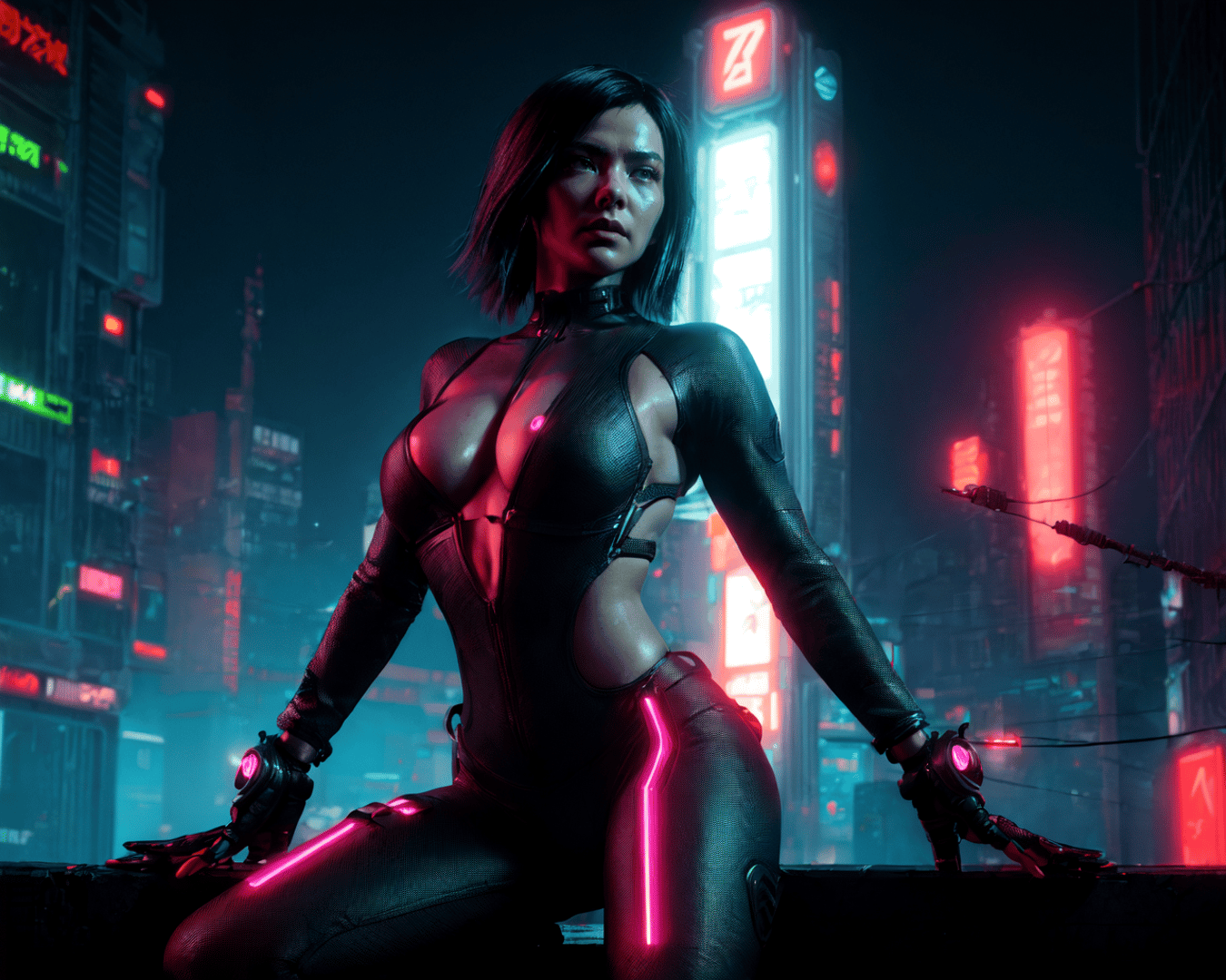 AI generated wallpaper featuring cyberpunk woman, neon cityscape