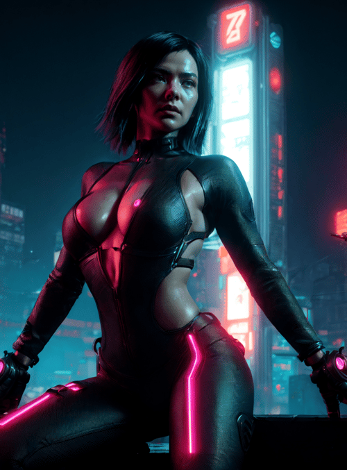 cyberpunk woman, neon cityscape
