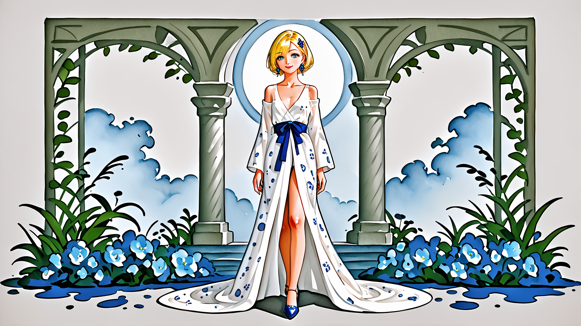 AI generated wallpaper featuring woman, bridal gown, flowers, archway, columns, moon, plants