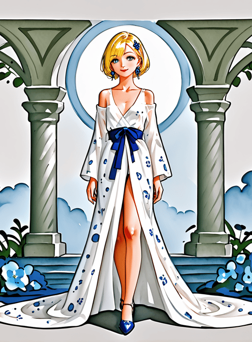 woman, bridal gown, flowers, archway, columns, moon, plants