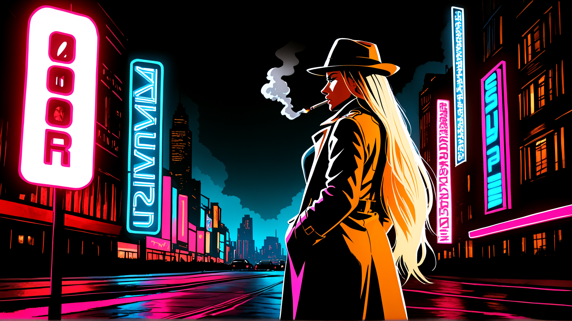 AI generated wallpaper featuring woman, city, neon, signs, smoking, hat, coat, street, buildings, cars
