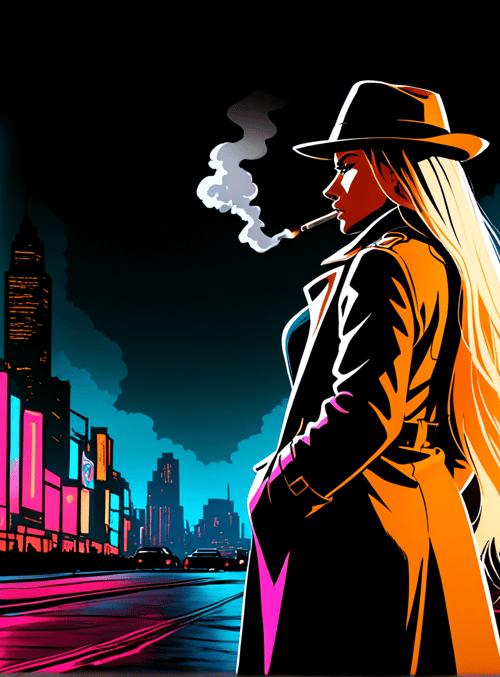 woman, city, neon, signs, smoking, hat, coat, street, buildings, cars