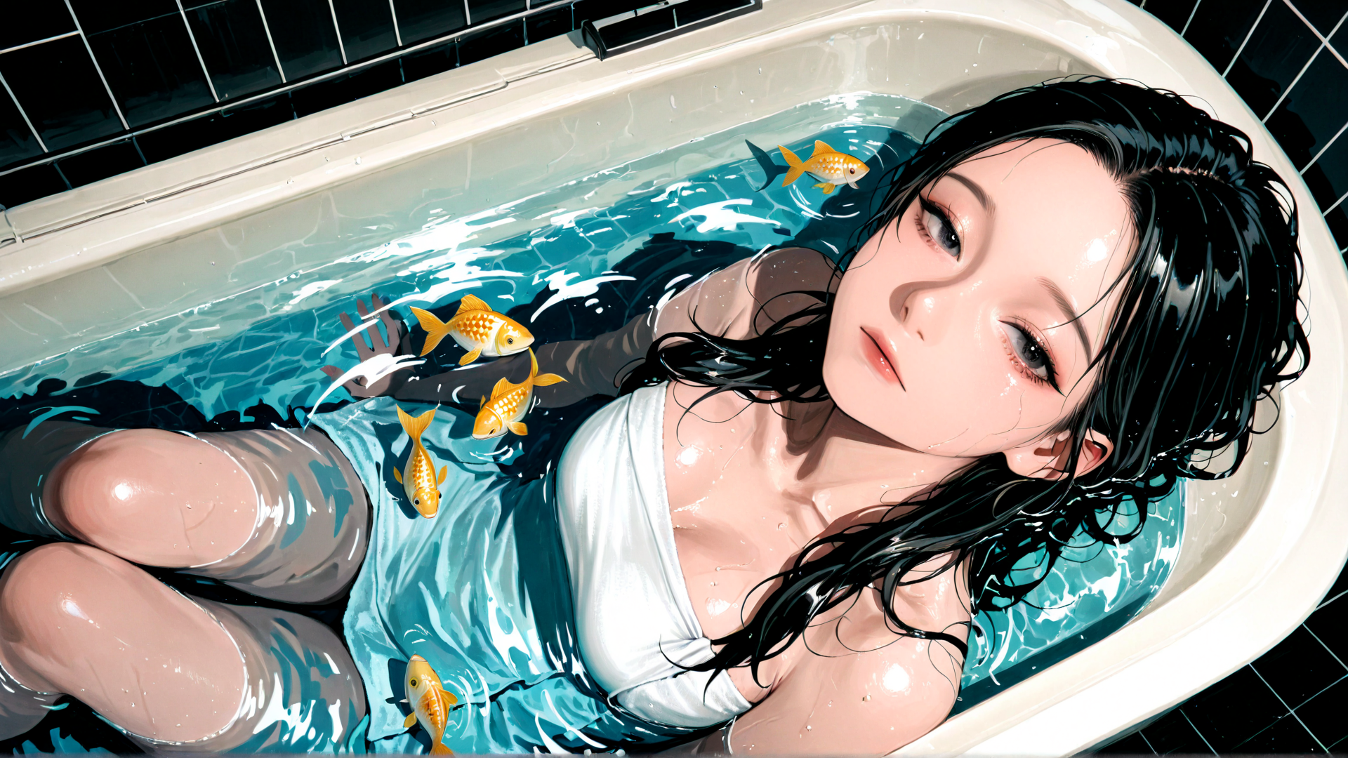 AI generated wallpaper featuring woman, bathtub, fish, water, hair, tub