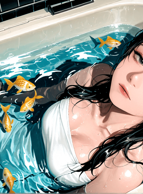 woman, bathtub, fish, water, hair, tub