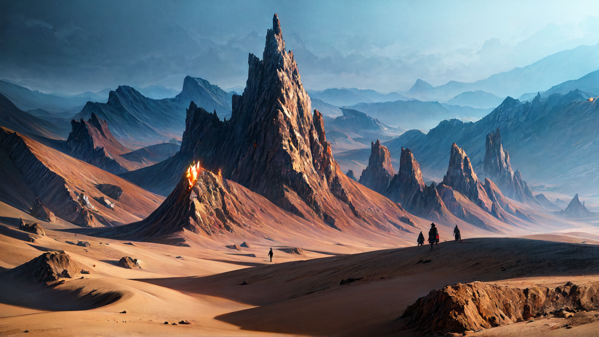 AI generated wallpaper featuring mountains, people, fire