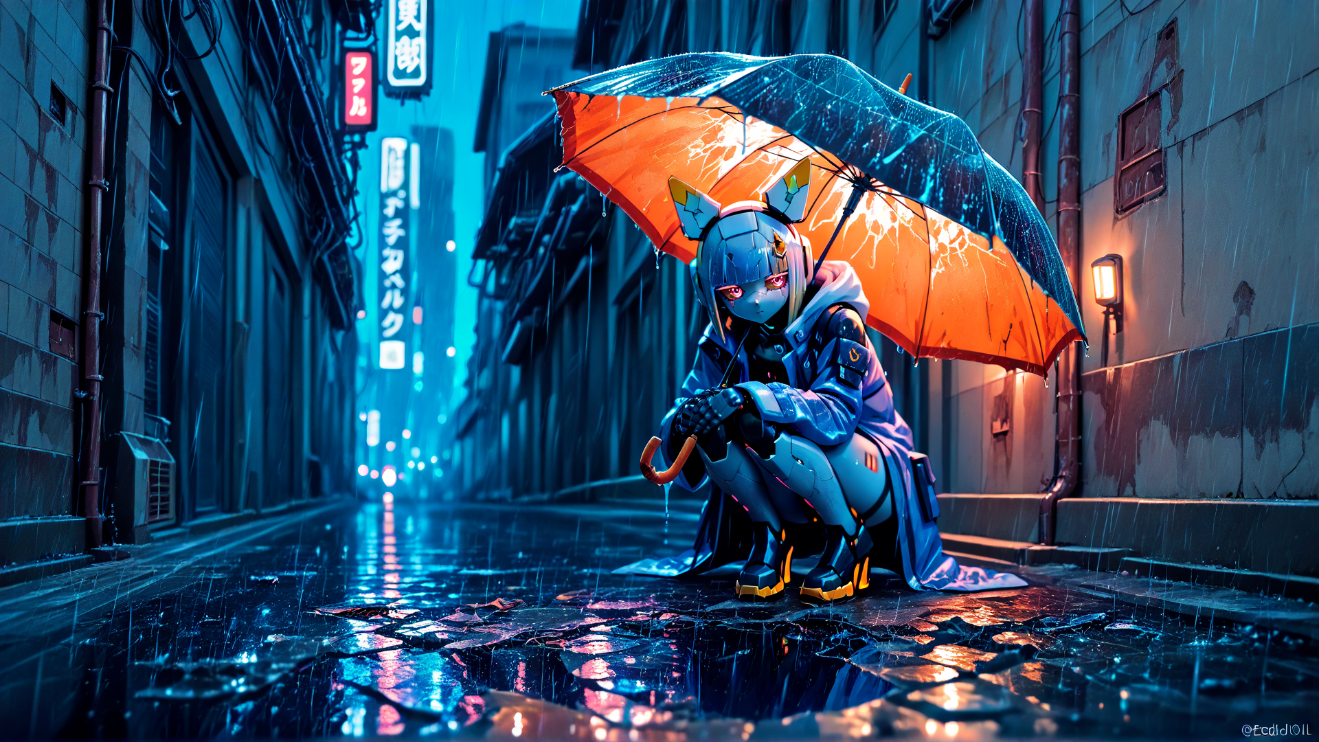 AI generated wallpaper featuring robot, umbrella, alleyway