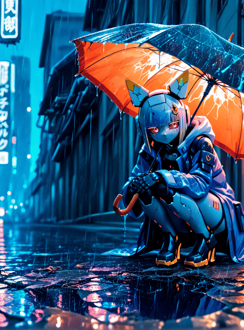 robot, umbrella, alleyway