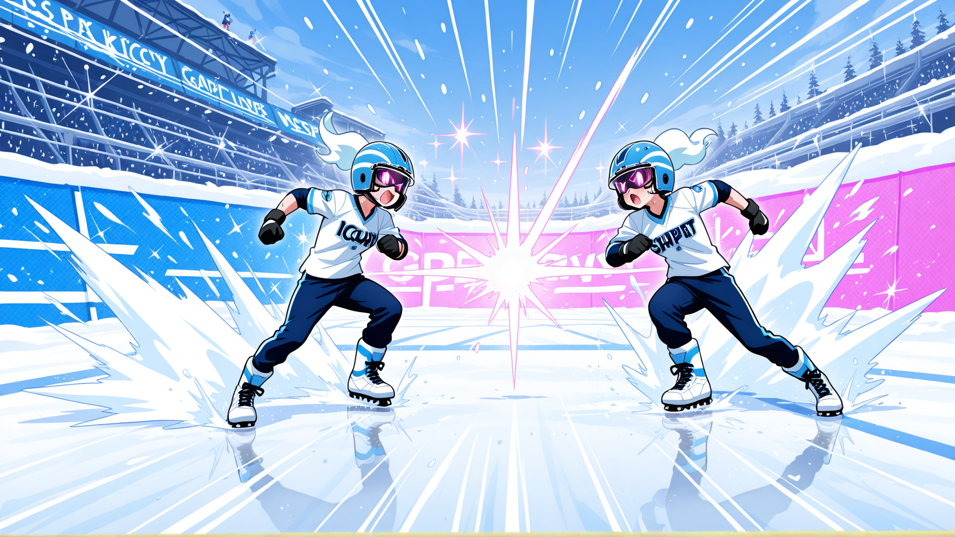 AI generated wallpaper featuring ice skaters, helmet, uniform, stadium, sweater, gloves, skates, sparkles, banner, ice