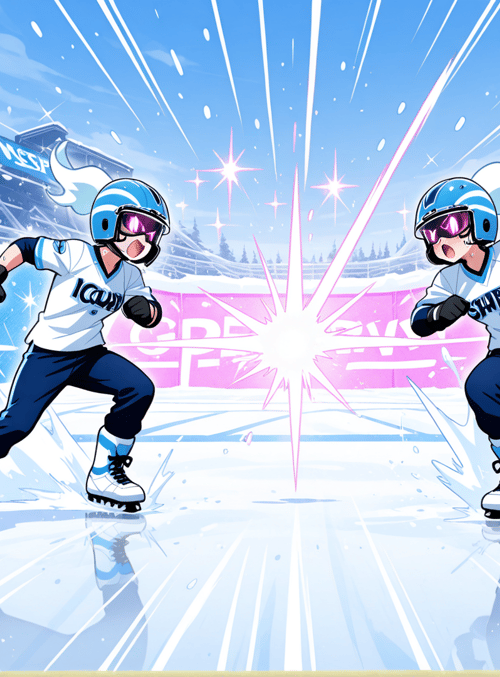 ice skaters, helmet, uniform, stadium, sweater, gloves, skates, sparkles, banner, ice