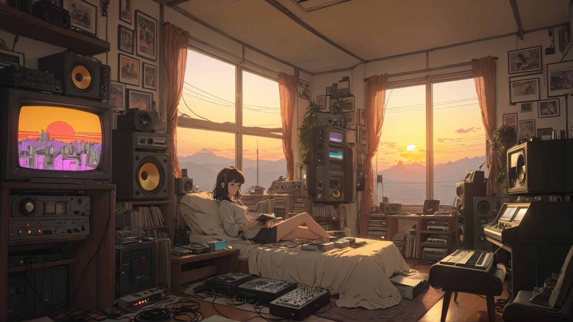 AI generated wallpaper featuring girl, room, audio equipment