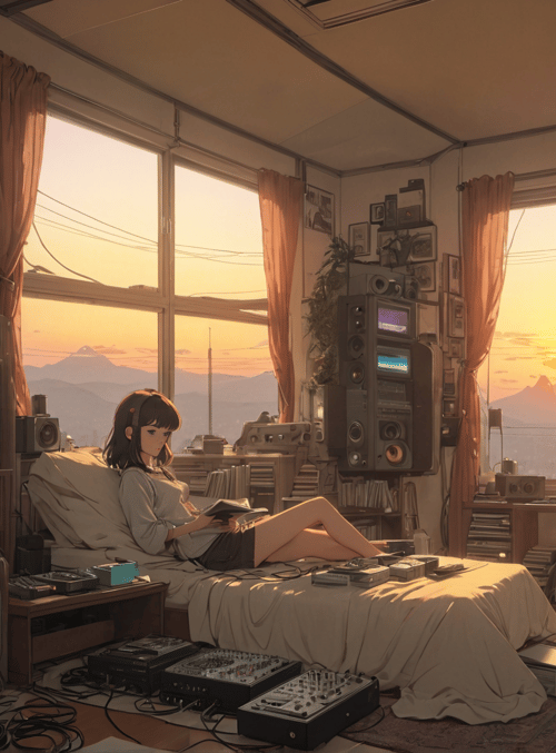 girl, room, audio equipment