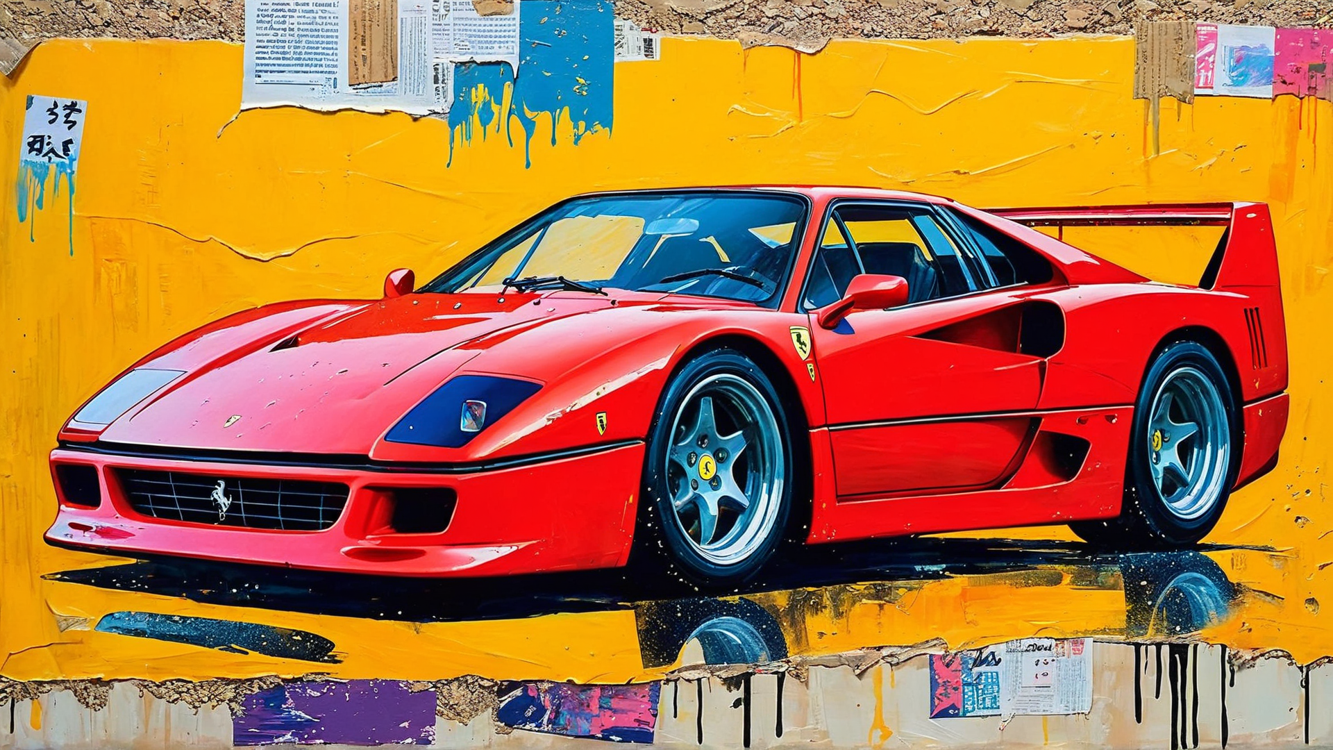 AI generated wallpaper featuring car, Ferrari, street art, painting, reflection