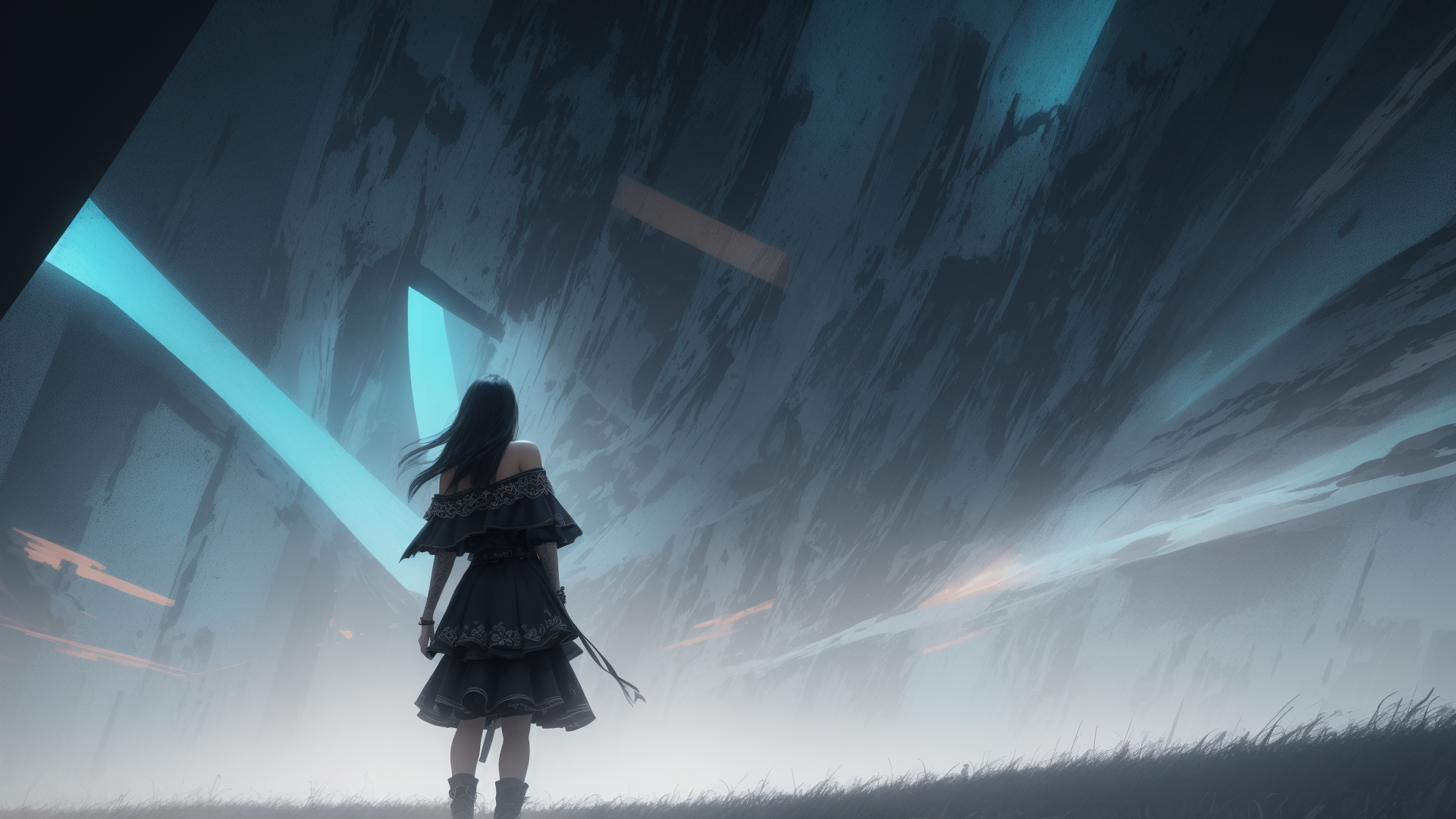 AI generated wallpaper featuring girl, ruins, sword