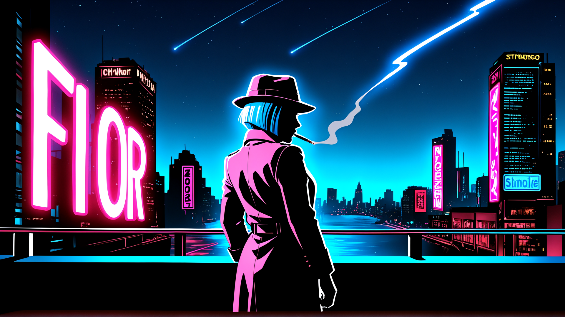 AI generated wallpaper featuring man, cityscape, neon signs, cigarette, hat, trench coat